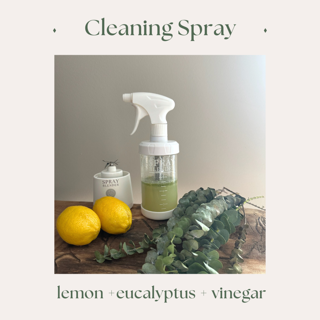 Spray Blender being shown with an organic cleaning spray of lemon, eucalyptus, and vinegar